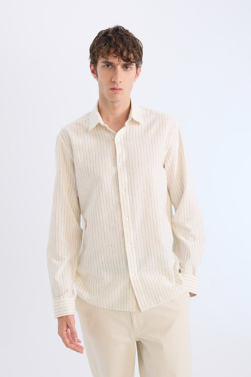DeFacto Beige Man Regular Fit Polo Collar Striped Linen Long Sleeve Shirt Casual - Image 3